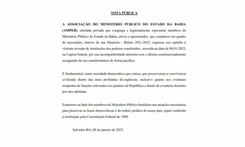 
				
					Ministério Público da Bahia expressa repúdio à invasão de bolsonaristas em Brasília
				
				
