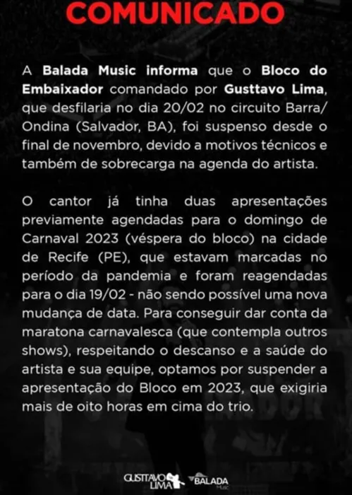 
				
					Empresa de Gusttavo Lima justifica cancelamento de bloco no Carnaval de Salvador: 'Sobrecarga na agenda'
				
				