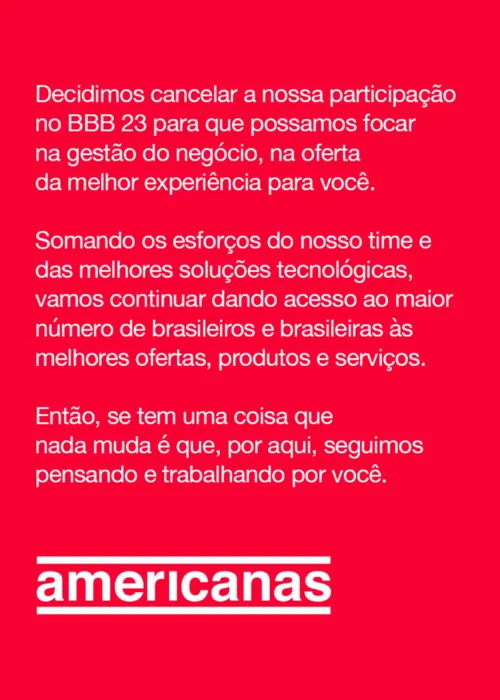 
				
					Americanas desiste de patrocinar BBB após rombo de R$ 20 bilhões: 'Focada na gestão'
				
				