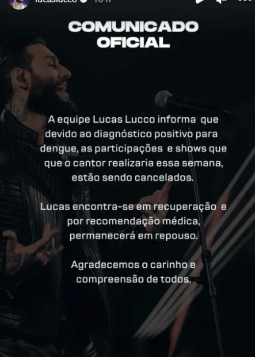 
				
					Lucas Lucco cancela agenda de shows após descobrir doença: 'Em recuperação'
				
				