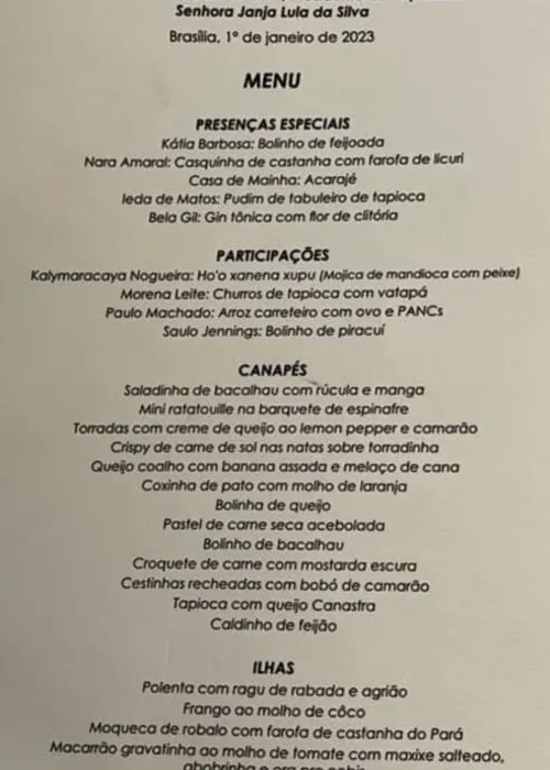 
				
					Bolinho de feijoada, arroz carreteiro com ovo e mais: veja menu do jantar da posse de Lula
				
				