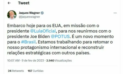 
				
					Jaques Wagner diz que vai participar de encontro entre Lula e Biden nos EUA
				
				