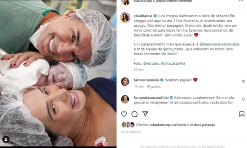 
				
					Claudia Raia dá à luz terceiro filho: 'Bem-vindo, Luca'
				
				