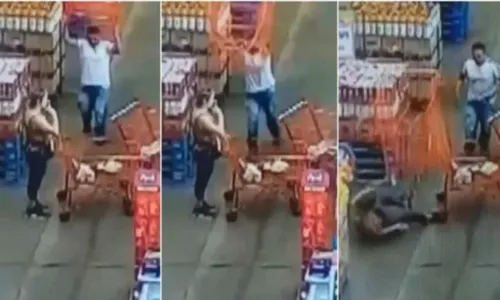 
				
					Homem arremessa carrinho de compras contra mulher em supermercado; imagens impressionam
				
				