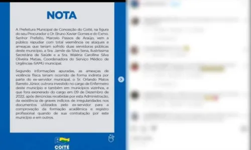 
				
					Secretária de saúde em cidade da Bahia pede exoneração após ameaças de morte
				
				