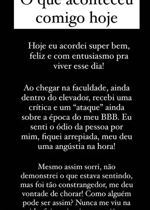 
				
					Ex-BBB Patrícia Leitte diz ter sofrido ataque em faculdade: 'Me deu vontade de chorar'
				
				